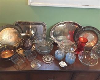 Assorted Silverplate Serving Pieces & Depression Cookware and Servingware