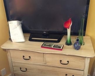 Large LG Flat Screen TV and Vintage Dresser; Beautiful Art Glass and Perfume Bottle