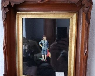Needlepoint Blue Boy in vintage carved wood frame