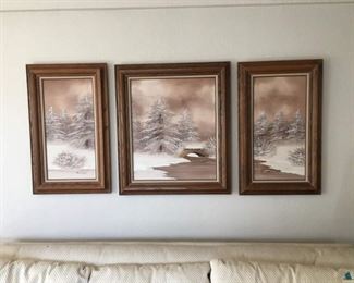 Set of 3 Paintings Together Create a Snowy River Scene w/Quiet Frosty Trees, Signed "Barrister"