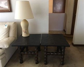 Pair Matching Side Tables, Heavy Black Slate Tops (Not Attached) & Cream Ceramic Lamp w/Brushstroke Design