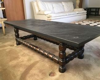  Large Sturdy Coffee Table w/Chunky Wood Legs & Heavy Black Slate Top (Not Attached), 54"x 24"x 16" Tall