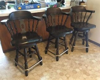 3 Dark Stained Wood Bar Stools have 2' High Seats w/Comfortable Back Support and Wide Seats