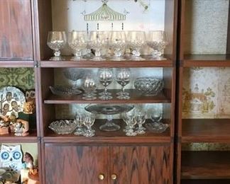 Crystal! Contents of Shelves: Painted Tray, Ice Bucket, Stemware, Cake Plate, Punch Bowl and 3 Sets of Matching Cups,