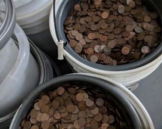 Buckets of US copper pennies (located in Ashburn)
