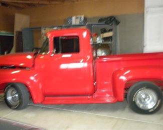 1956 F100 PICKUP RED W/350 CHEVY MOTOR, M21 ROCK CRUSHER,  SPEED MANUAL, OAK AND STAINLESS EXHAUST PRICE:$22,000