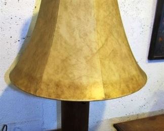 Parchment shade on table lamp made from wooden textile spool