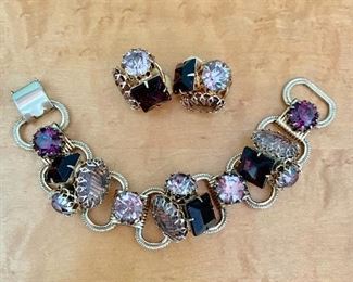 Vintage purple rhinestone bracelet and earrings