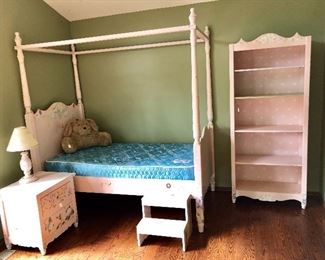 Hand painted twin bed, night stand and bookcase