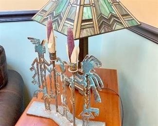 Richard Newcomer hand crafted side table with arts and crafts "Tiffany" style lamp (2 available)