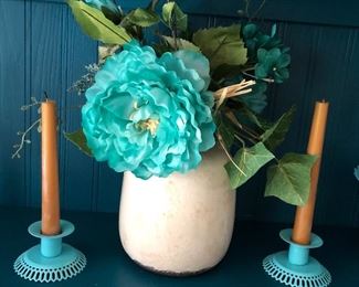 Three piece Centerpiece for any table. Vase with Blue Hydrangea and matching metal Candle Holders.