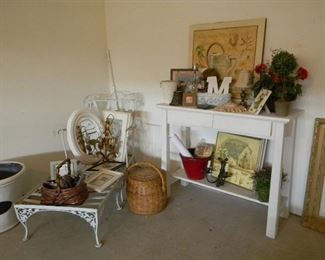 Garden tall potting table and metal chair and footstool