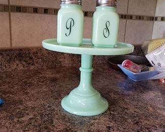 jadeite salt and pepper shaker and stand