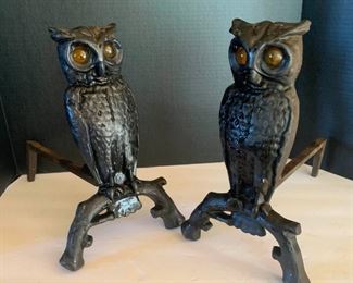 pair of cast iron owl andirons
