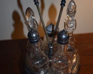 Gorgeous late 1800's silverplate castor with cruet set and salt and pepper - no cracks or breaks! It's all intact!