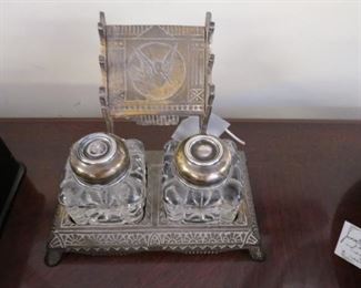 Antique inkwell, glass, brass with sterling silver tops.