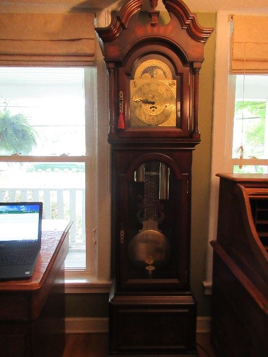 The grandfather clock is in perfect condition and is a Heritage clock.  It chimes beautifully. 