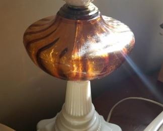 Milk glass and amber glass lamp