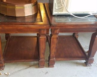 Pair of glass top solid wood end tables 