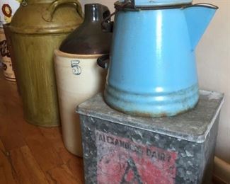 Crocks, tins and Alexandria Dairy Milk Can.