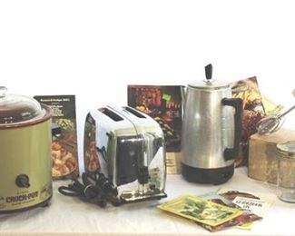 Retro Kitchen Appliances -Toaster, Percolator, Hand Mixer, Crock Pot (Avocado Green) and Cookbooks