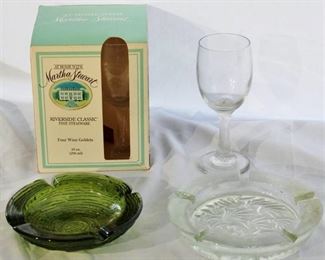 New- 4 Martha Stewart Wine Goblets, 2 Vintage Ashtrays