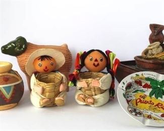 Small Fountain, 2 Colombian figurines, Clay Pot, Chia Pet and Puerto Rico Ashtray