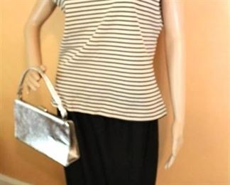 Cute Retro Outfit - Black Skirt and Sleeveless Striped Top w/ silver clutch purse