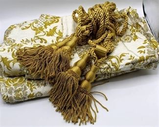 Vintage Gold/Silver Pattern Curtains (2 panels) and 4 Gold Tassel Tie Backs