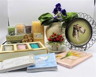 Large lot of Misc Décor, Candles and Ellen Tracy lotion set (new in box)