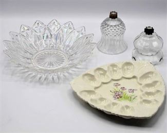 Crystal serving dish, egg platter and (2) Home Interiors candle cups