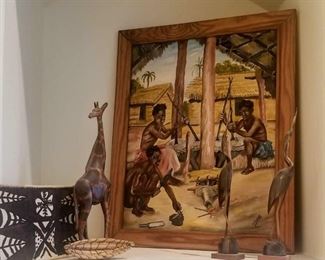 Vintage original Acrylic painted depicting seated African natives working (Nonlisted artist)
