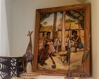 Vintage original  Acrylic painted depicting seated African natives working  (Nonlisted artist)