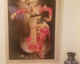 Original oil painting female dancer Wearing red traditional costume of Singapore