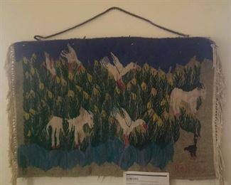 Vintage Egyptian pictorial tapestry Hand woven animals and lilies