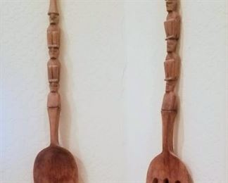 large Hand Carved Fork and Spoon