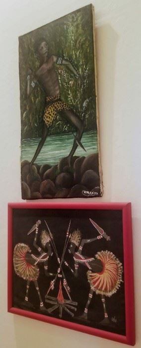 Original painting depicting African native with spear signed P. Casanda (Nonlisted artist)