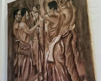 Original painting depicting several African working with Poles signed ogunda (Nonlisted artist)