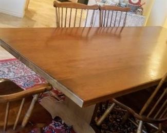 Farmhouse / harvest dining table and chairs L & JG Stickley (Cherry Valley line) and 6 fan back windsor style dining chairs, one is an armchair.