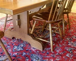 dining table Farmhouse / harvest and chairs L & JG Stickley (Cherry Valley line) and 6 fan back windsor style dining chairs, one is an armchair.