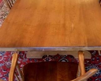 6 fan back windsor style dining chairs, one is an armchair.Farmhouse / harvest dining table and chairs L & JG Stickley (Cherry Valley line)