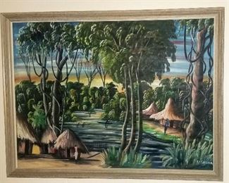 Original painting African landscape with grass huts signed Casanda (Nonlisted artist)