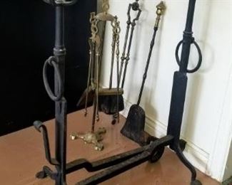 Antique fired place andirons pair wrought iron American With Peat basket tops