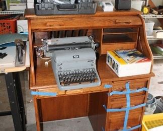 Oak rolltop desk and Royal typewriter