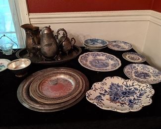 Blue & white China and pewter