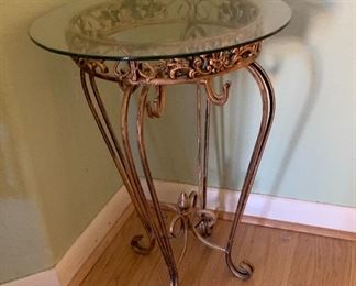 Scroll Table w/ Glass top 20. inches high by 15 inches diameter