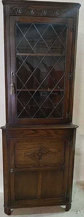 English oak leaded glass corner cabinet