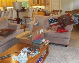 BEIGE LOVE SEAT, OAK COFFEE TABLE