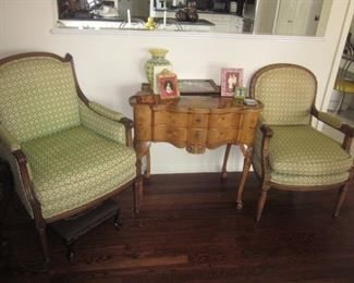 Vintage Pair Parlor Seating With Italian Marquetry Table