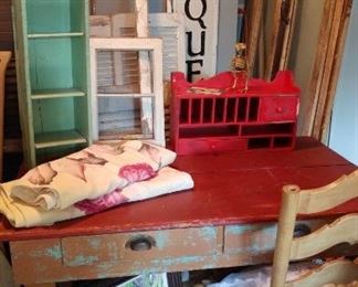 Farmhouse table, shelves, wooden phone booth door and more